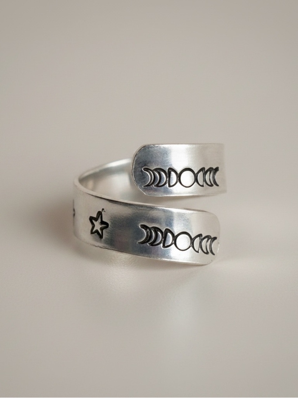 Handmade 8.5/9 stamped celestial moon phases adjustable‎ silver wrap ring